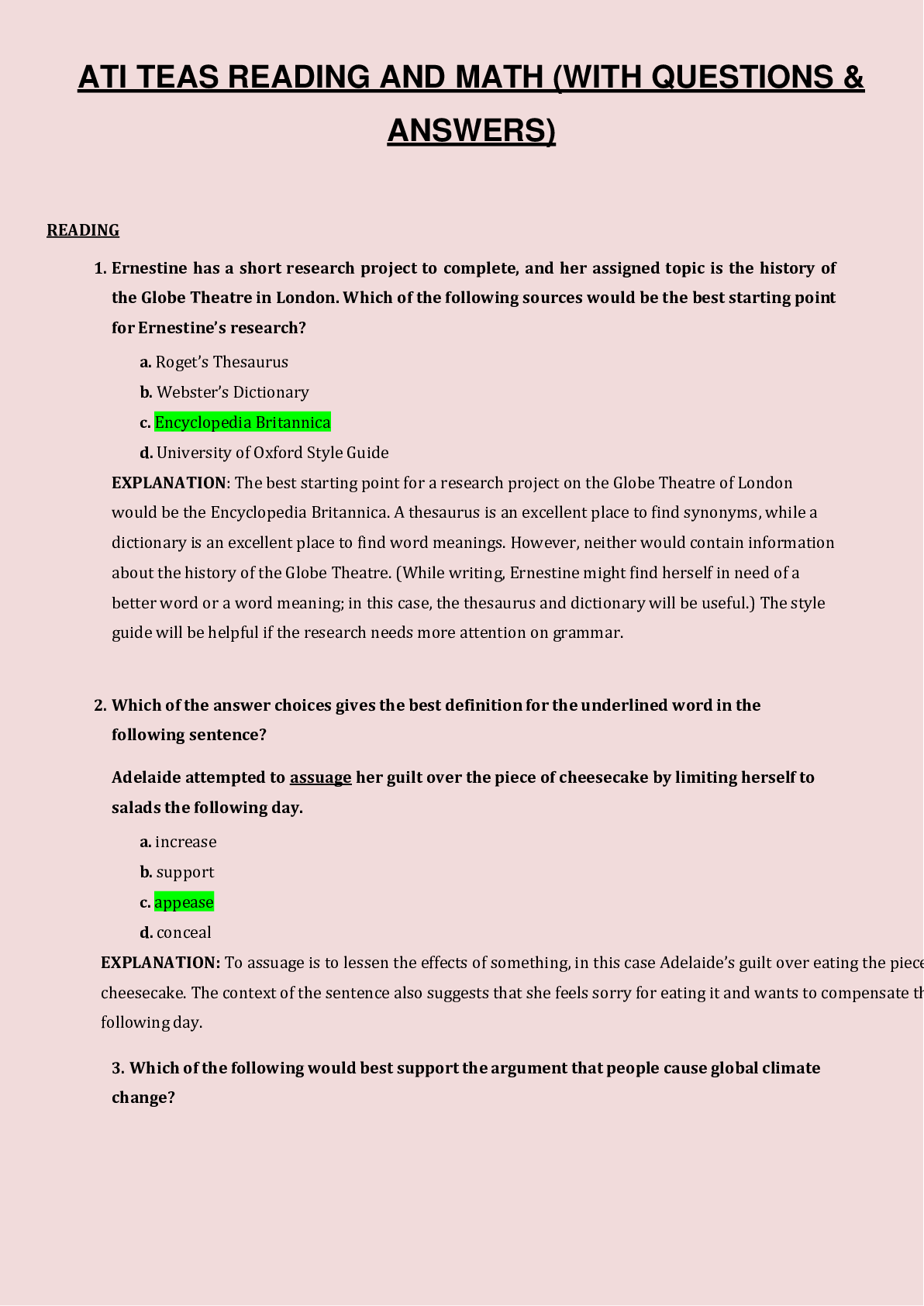 Preview of ATI TEAS READING AND MATH (WITH QUESTIONS & ANSWERS)